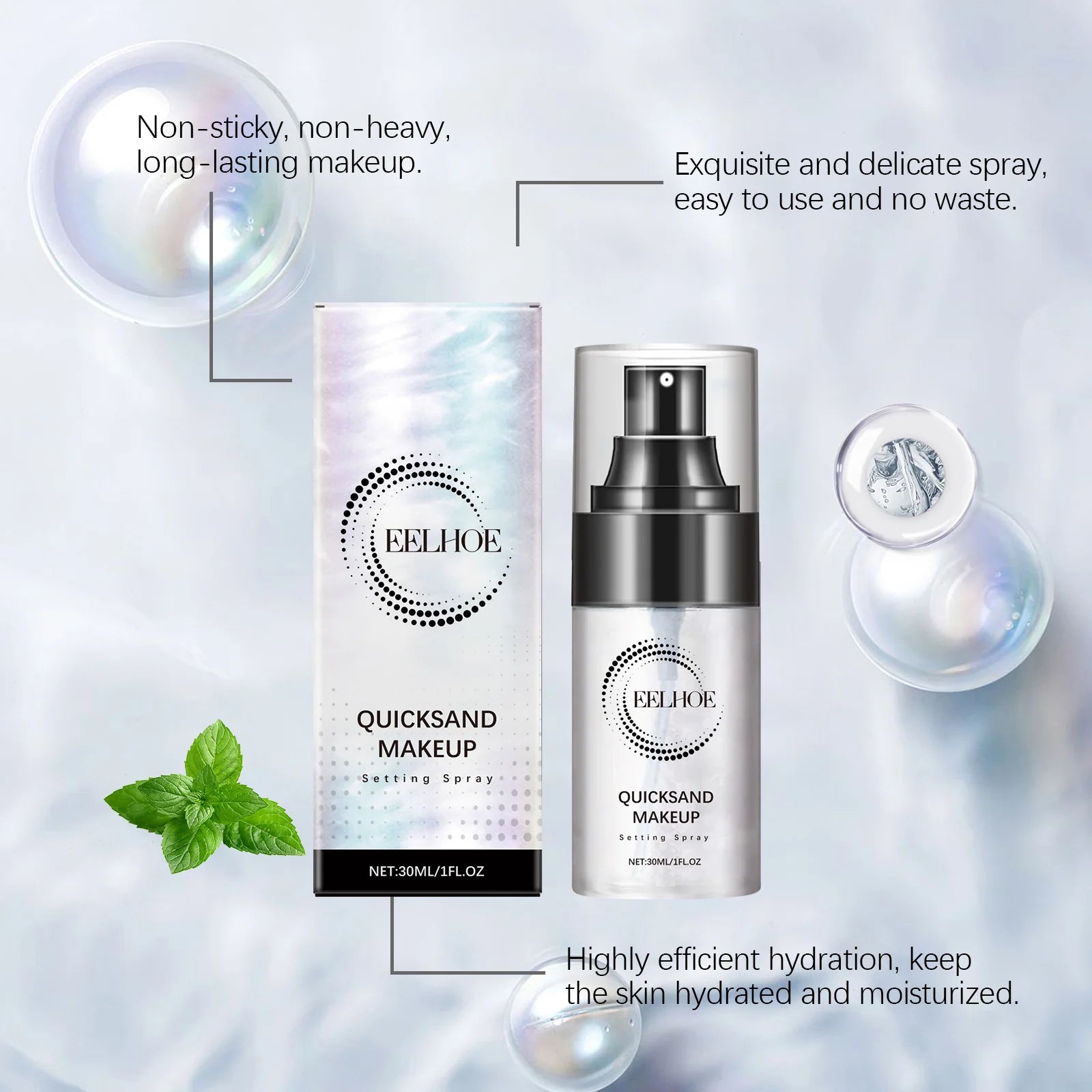 Quicksand Makeup Setting Spray, Long Lasting Makeup Fixing Spray with Mint Leaf & Hyaluronic Acid, Oil Control Refreshing Face Mist 30Ml